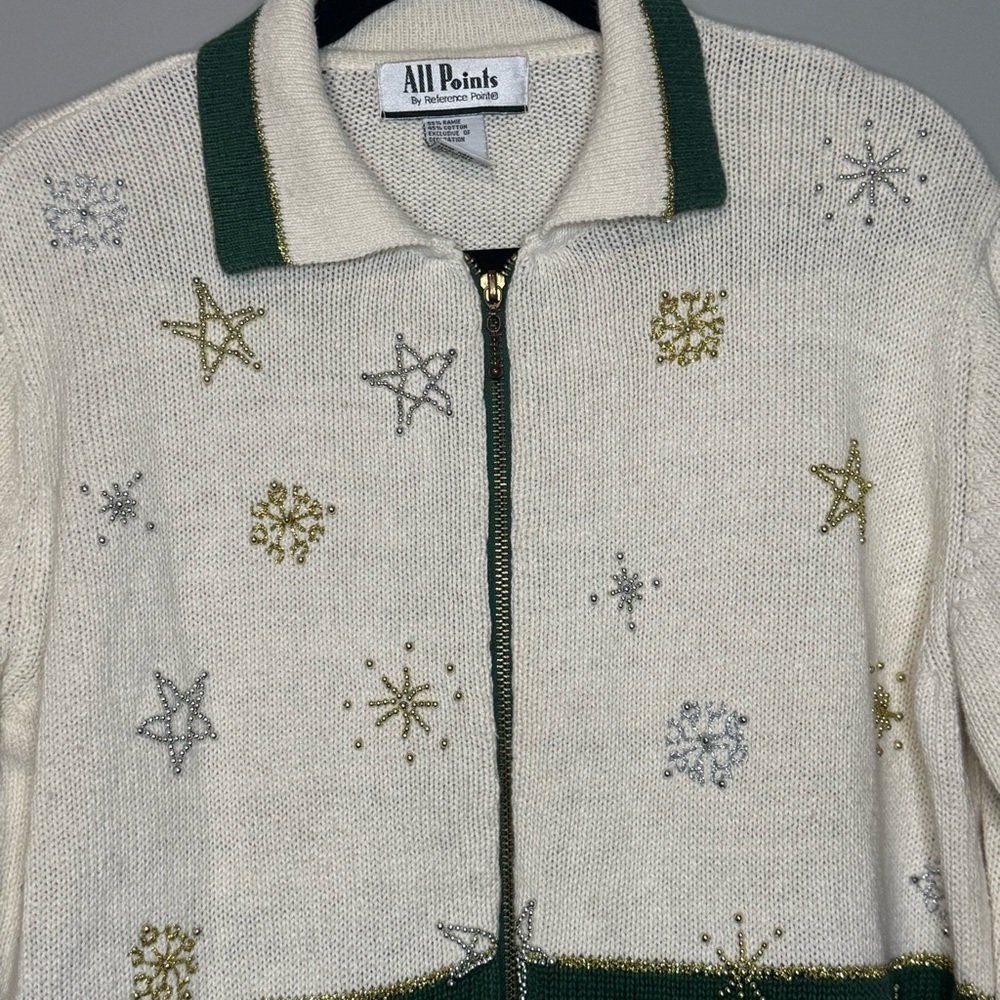 All Points Christmas Snowman Noel Zip Up Cardigan Sweater Green Cream Large - Picture 2 of 5